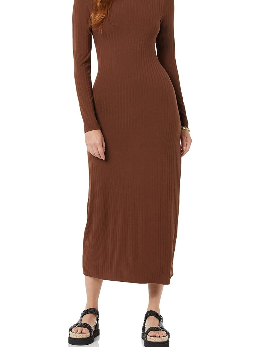 Amazon Essentials Wide Rib Open Back Long Sleeve Midi Dress Size L NWT